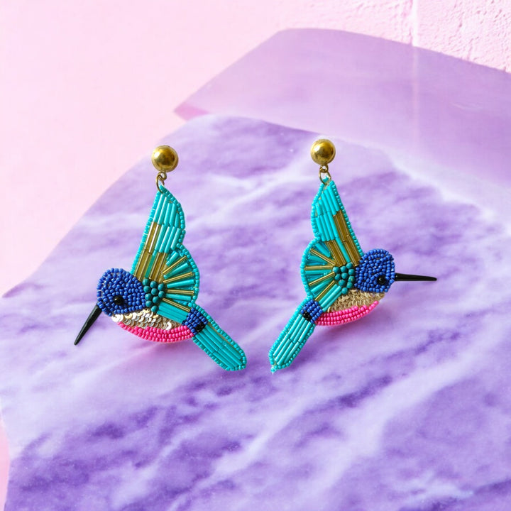 Tela Naari Hummingbird Beaded Earrings – Handcrafted Boho Statement Jewellery - TelaNaari