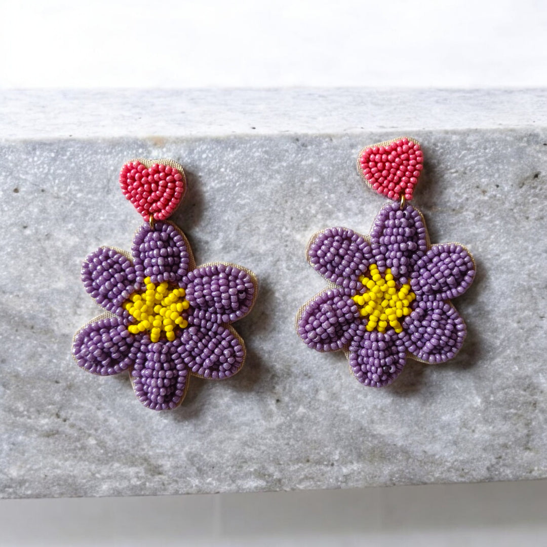 Tela Naari Purple Floral Beaded Earrings – Handmade Statement Jewellery - TelaNaari