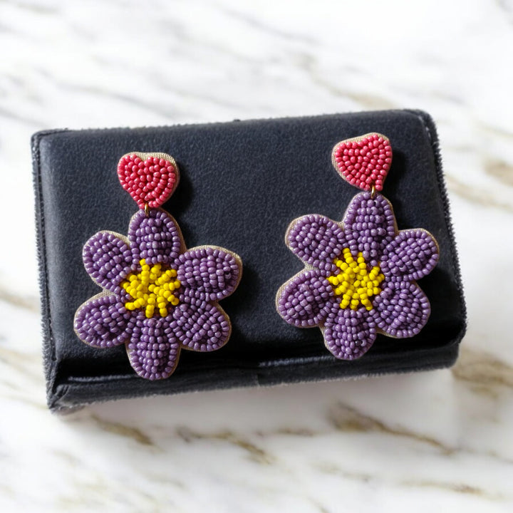 Tela Naari Purple Floral Beaded Earrings – Handmade Statement Jewellery - TelaNaari