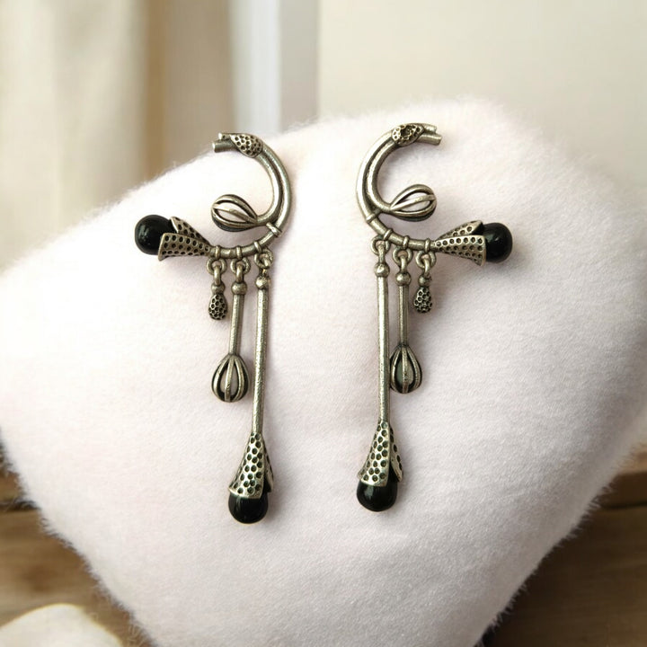 Tela Naari Silver Oxidised Diva Dangling Bloom Earrings - TelaNaari