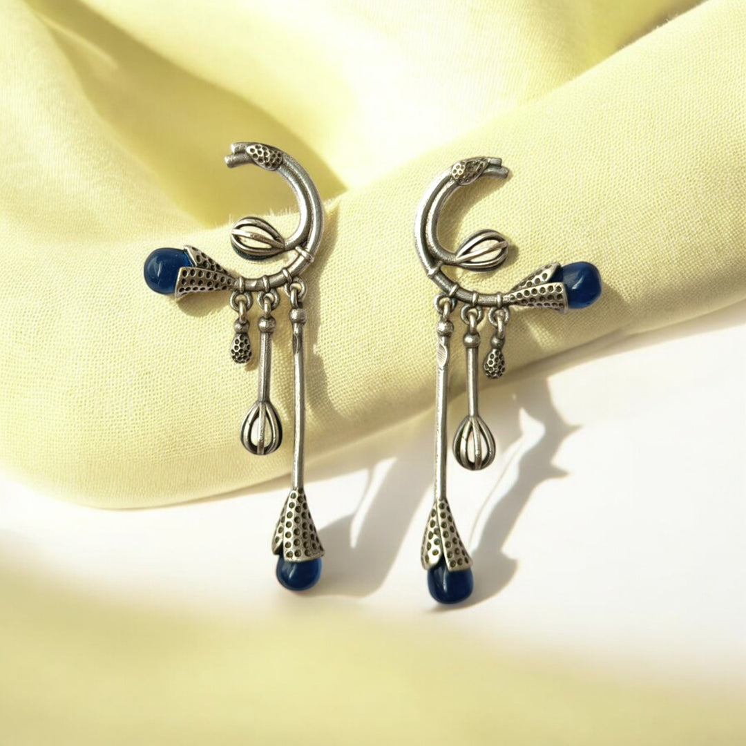 Tela Naari Silver Oxidised Diva Dangling Bloom Earrings - TelaNaari