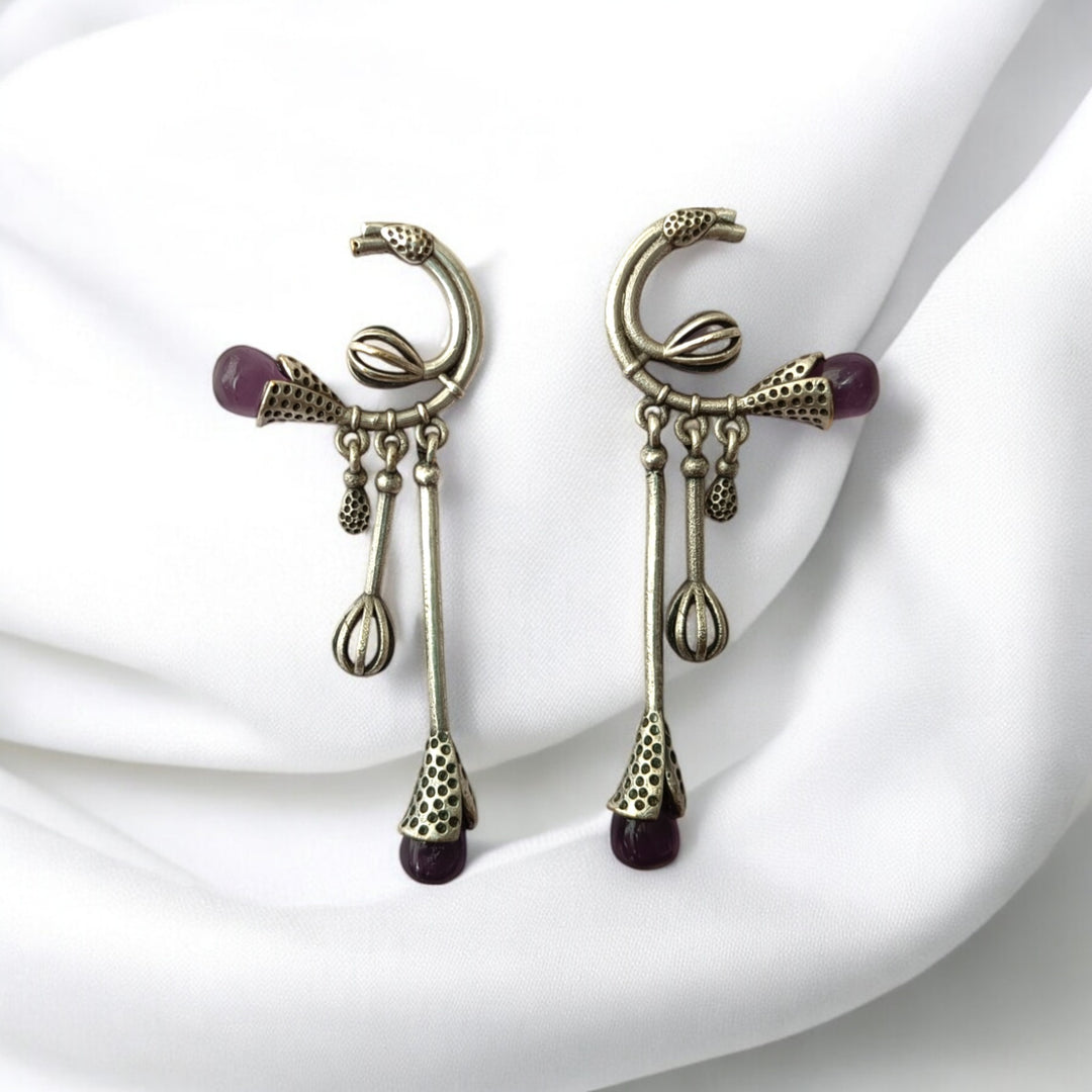 Tela Naari Silver Oxidised Diva Dangling Bloom Earrings - TelaNaari