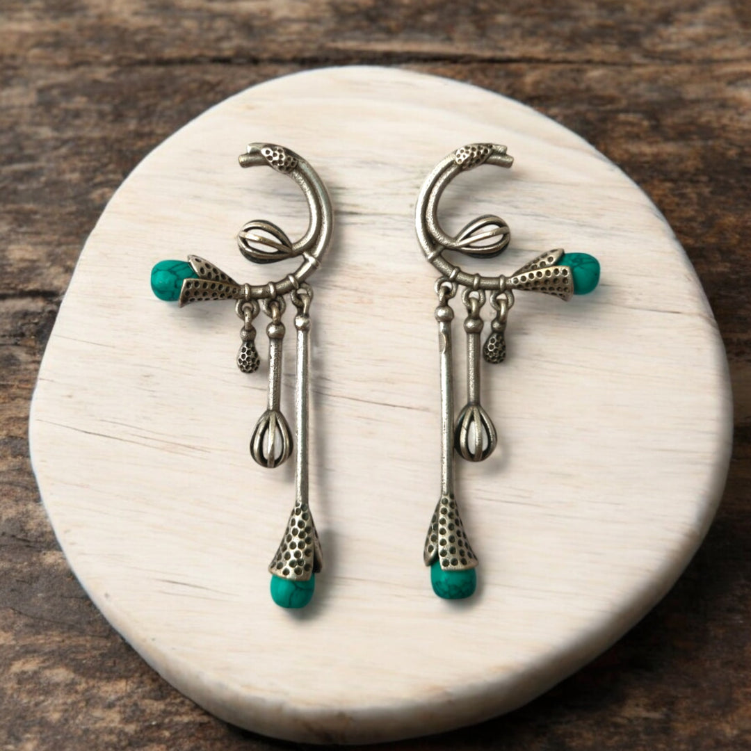 Tela Naari Silver Oxidised Diva Dangling Bloom Earrings - TelaNaari