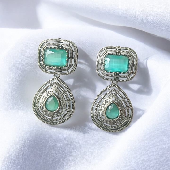 Tela Naari Silver Oxidised Dual Gem Bhumi Teardrop Earrings - TelaNaari