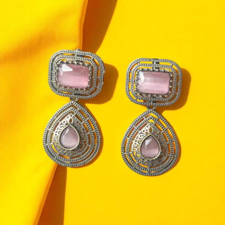 Tela Naari Silver Oxidised Dual Gem Bhumi Teardrop Earrings - TelaNaari