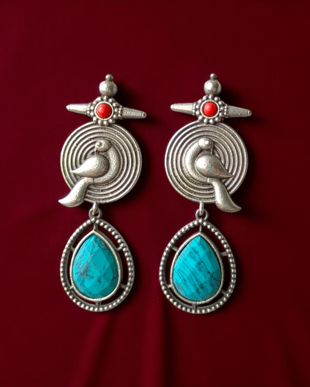 Tela Naari Silver Oxidised Farhia Bird Motif Earrings - TelaNaari