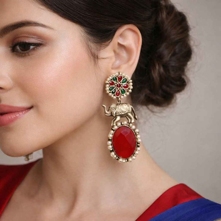 Elephant Aasna Red Silver-Plated Earrings
