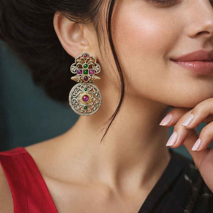 Red & Green Silver Oxidised Temple Round Dual Tone Earrings