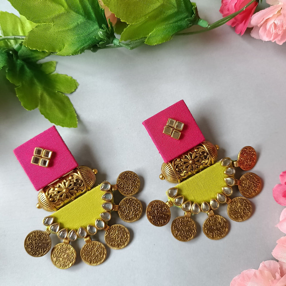 Telanaari Dove Handmade Pink & Alpine Fabric Earrings | Gold-Plated Ethnic Jewelry - TelaNaari