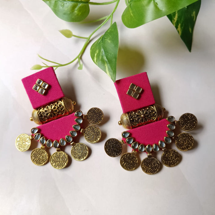 Telanaari Dove Handmade Pink Fabric Earrings | Gold-Plated Ethnic Jewelry - TelaNaari