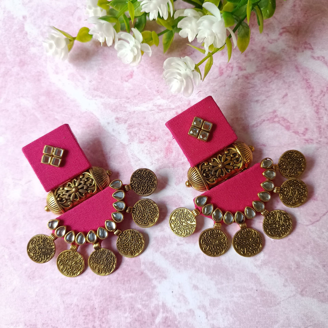 Telanaari Dove Handmade Pink Fabric Earrings | Gold-Plated Ethnic Jewelry - TelaNaari