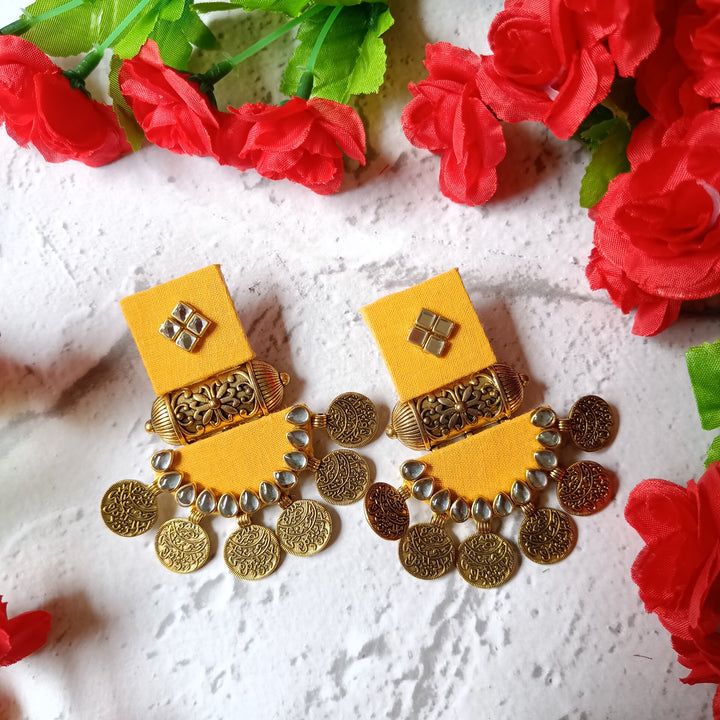 Telanaari Dove Handmade Yellow Fabric Earrings | Gold-Plated Ethnic Jewelry - TelaNaari