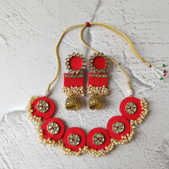 Telanaari Red Handmade Fabric Choker Necklace Set with Earrings
