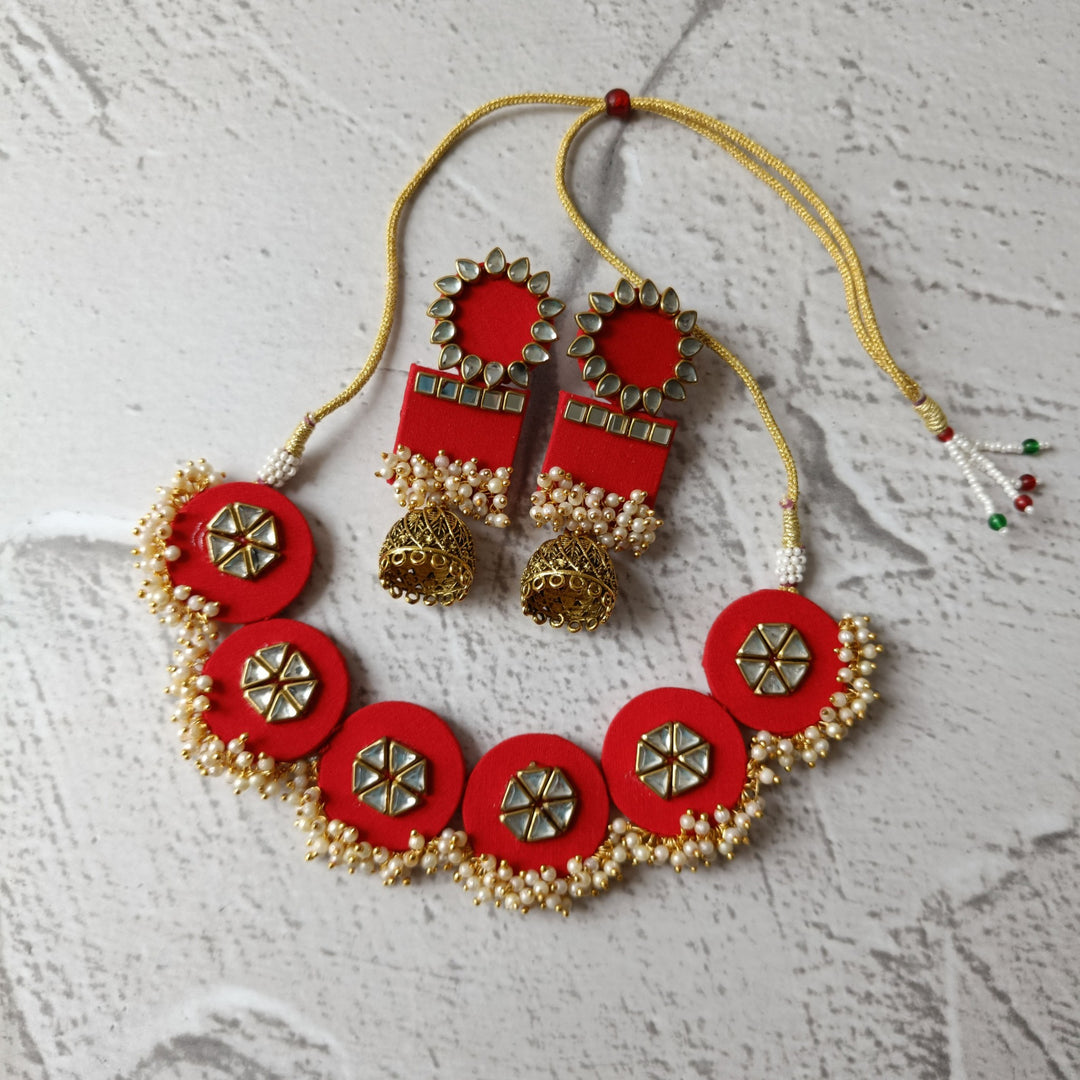 Telanaari Red Handmade Fabric Choker Necklace Set with Earrings