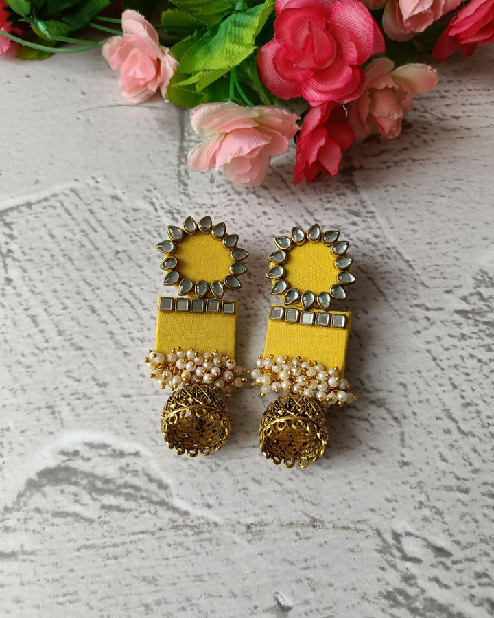 Telanaari Yellow Handmade Fabric Choker Necklace Set with Earrings