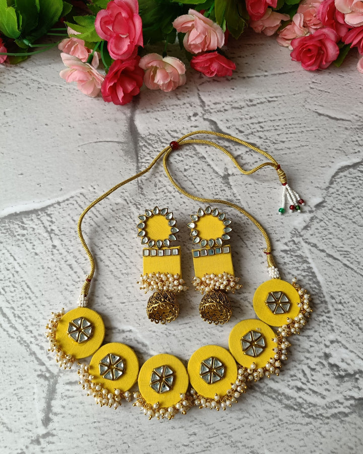 Telanaari Yellow Handmade Fabric Choker Necklace Set with Earrings