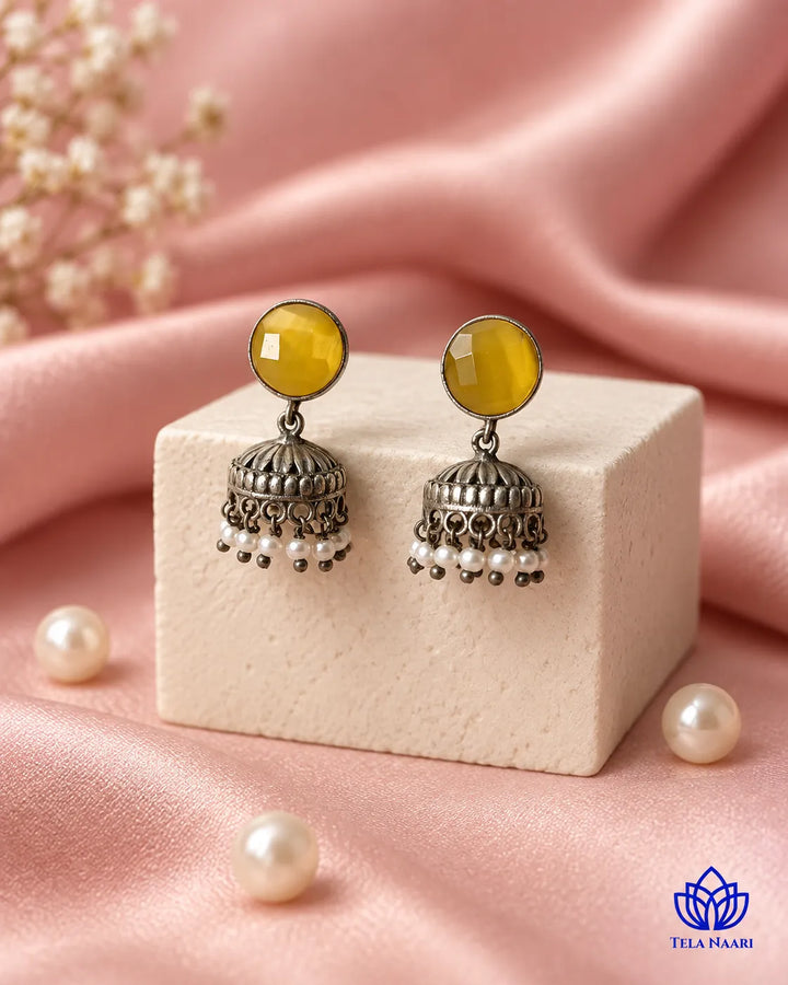 Yellow Round Daania Silver Oxidised Earrings