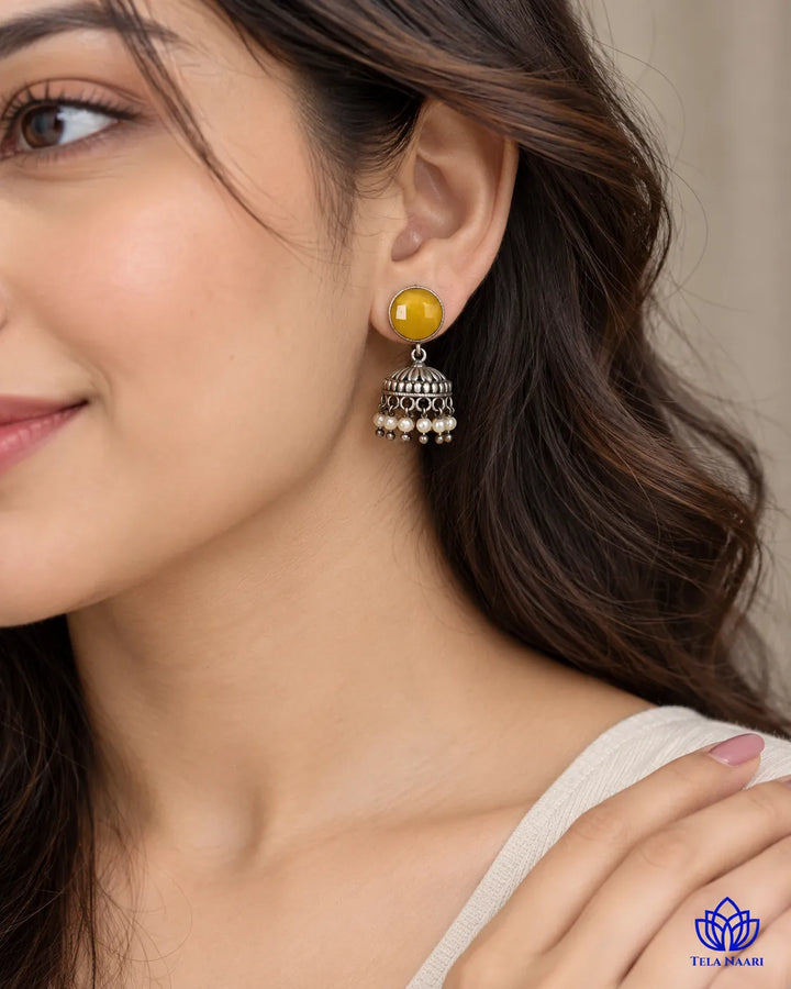 Yellow Round Daania Silver Oxidised Earrings