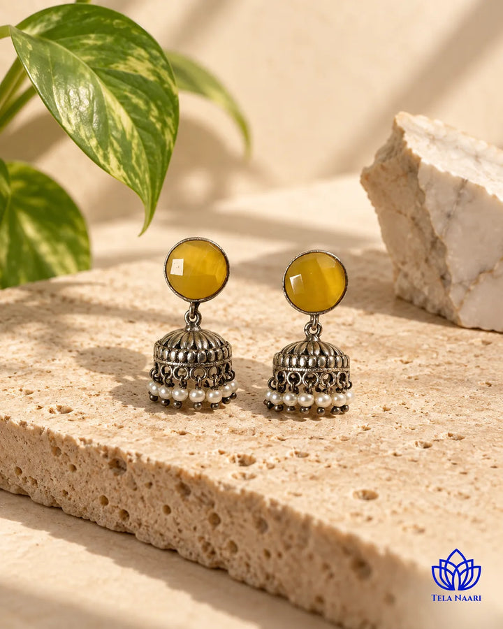 Yellow Round Daania Silver Oxidised Earrings