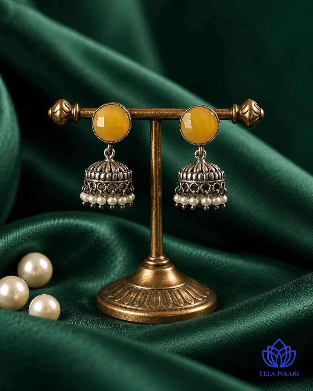 Yellow Round Daania Silver Oxidised Earrings