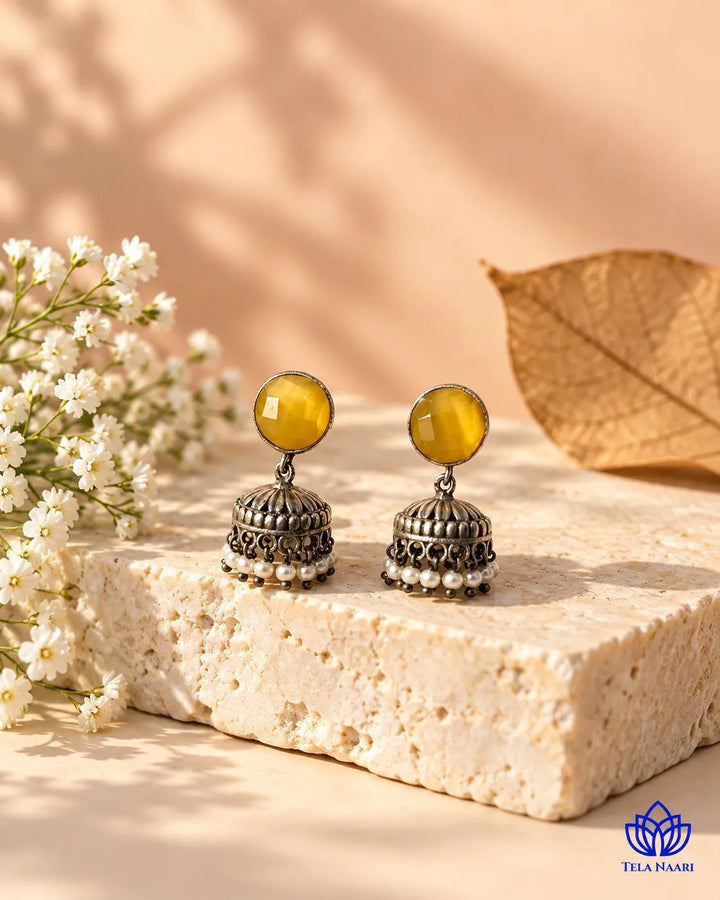 Yellow Round Daania Silver Oxidised Earrings