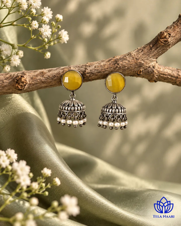 Yellow Round Daania Silver Oxidised Earrings