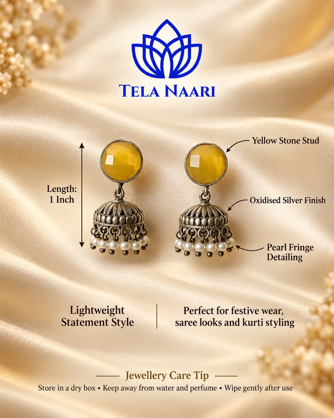 Yellow Round Daania Silver Oxidised Earrings