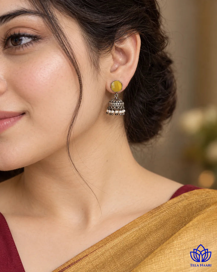 Yellow Round Daania Silver Oxidised Earrings