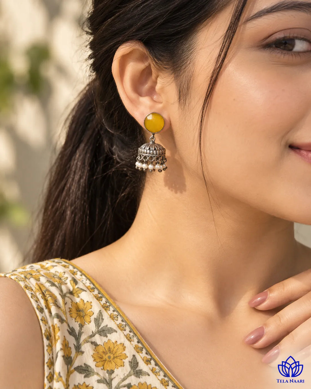Yellow Round Daania Silver Oxidised Earrings