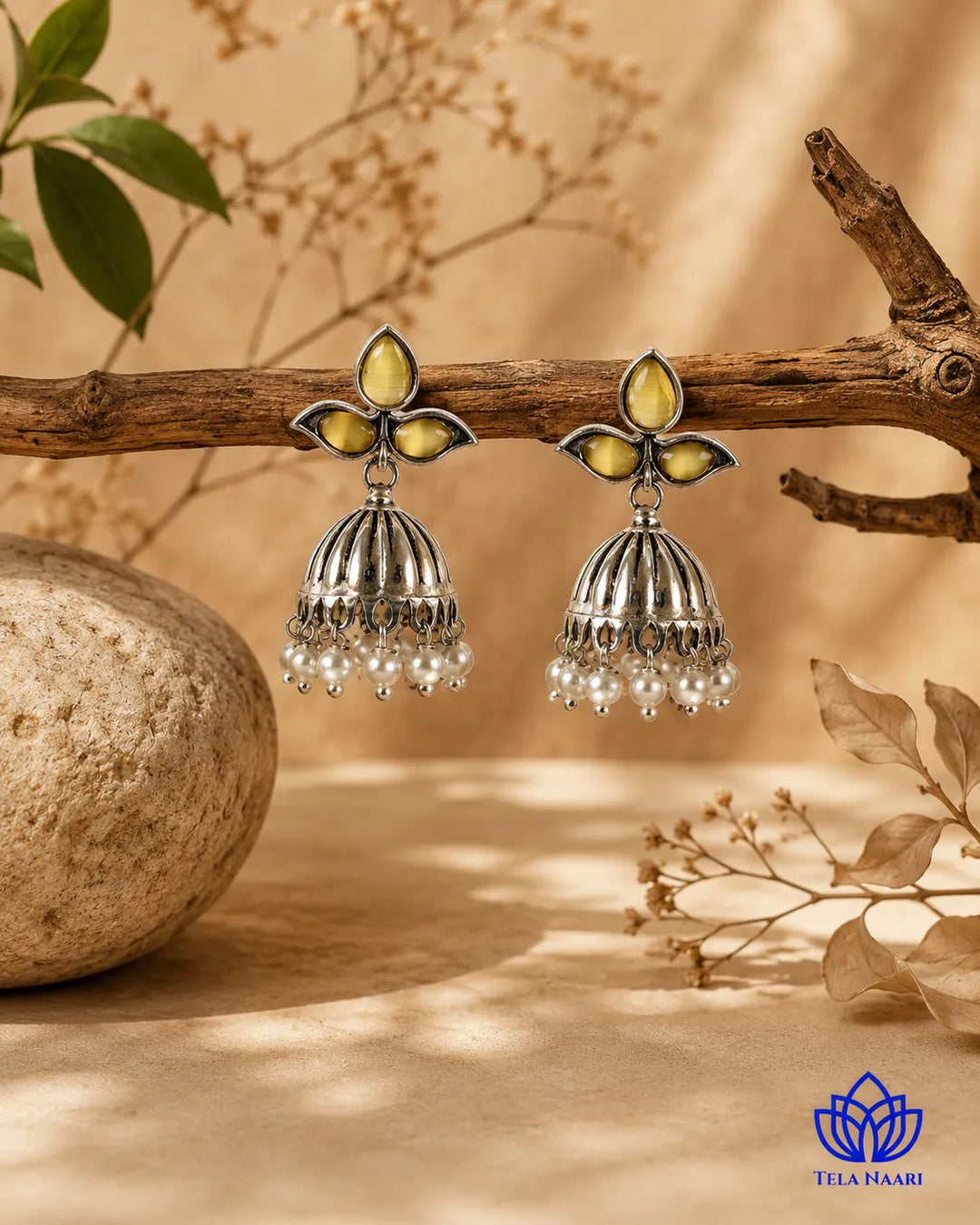 Yellow Stone Revi Pearl Jhumka Earrings