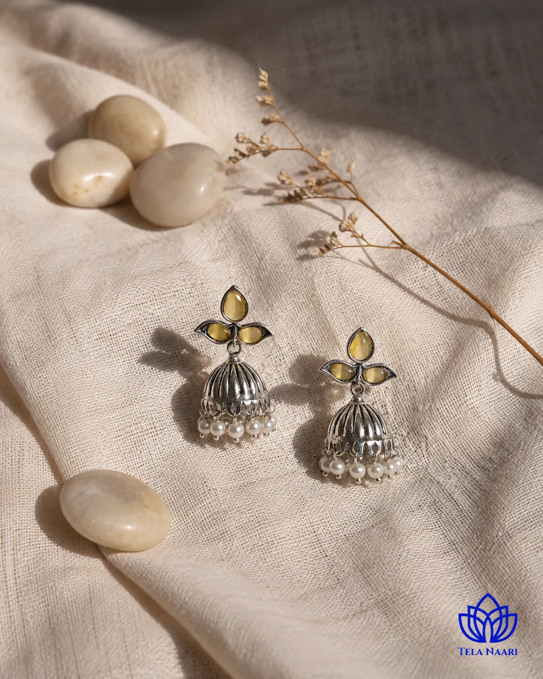 Yellow Stone Revi Pearl Jhumka Earrings
