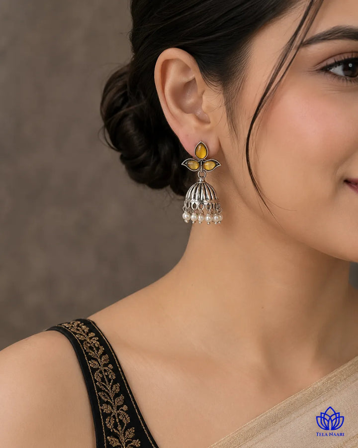 Yellow Stone Revi Pearl Jhumka Earrings