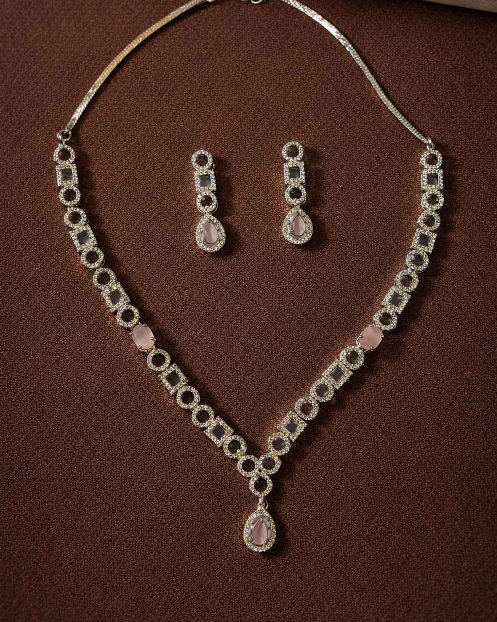 American Diamond Zirconia Pink Layered Necklace Set Olivia
