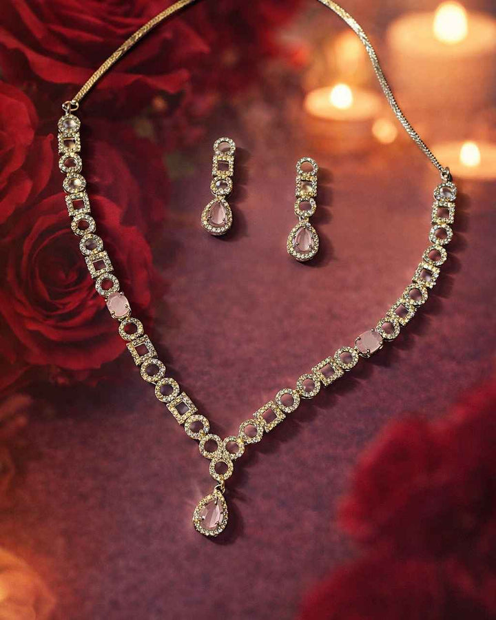 American Diamond Zirconia Pink Layered Necklace Set Olivia