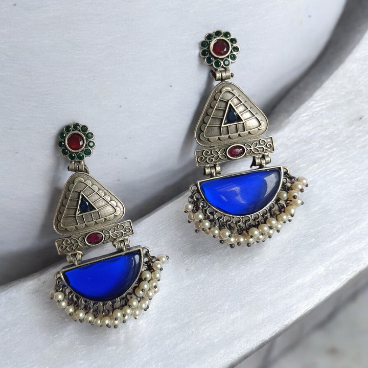 Aasha silver plated pearl earrings in blue – modern handcrafted minimal jewellery by Tela Naari
