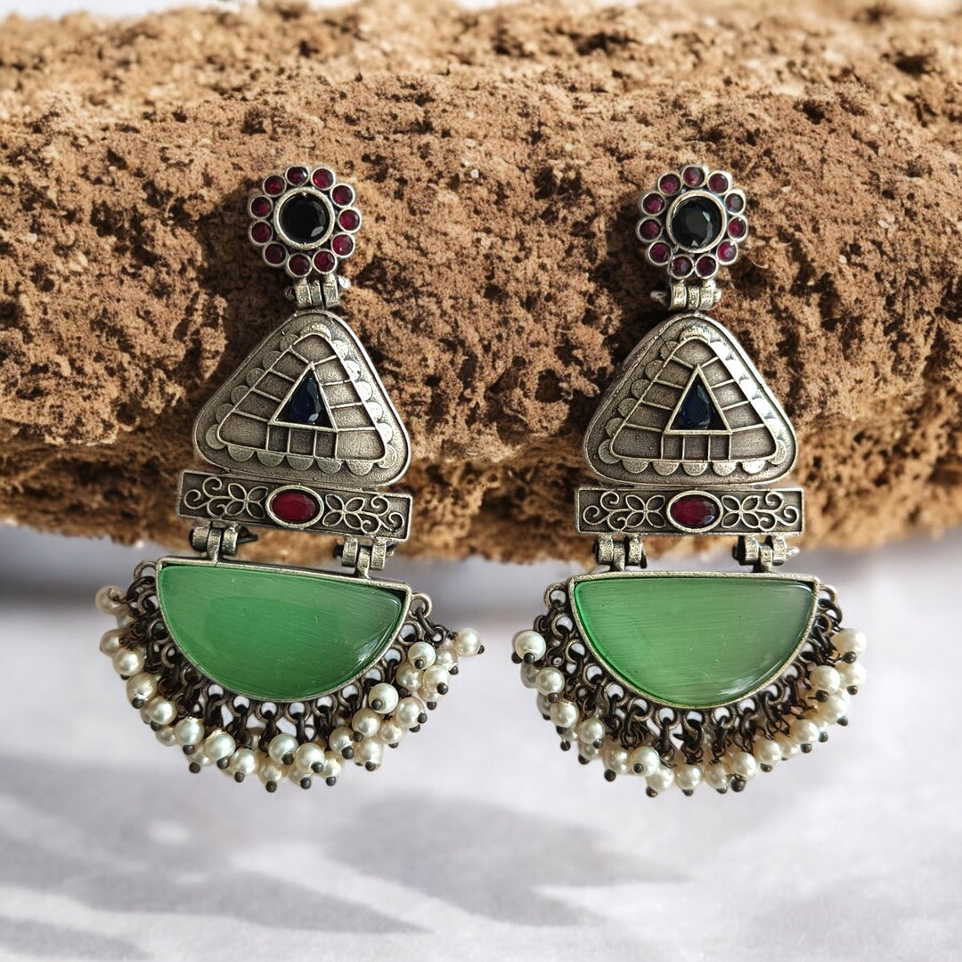 Aasha silver plated pearl earrings in light green – elegant handcrafted office and everyday wear jewellery by Tela Naari
