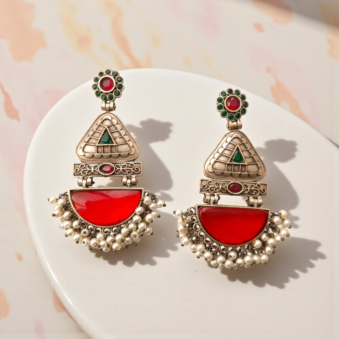 Aasha silver plated pearl earrings in red – handcrafted festive party jewellery by Tela Naari
