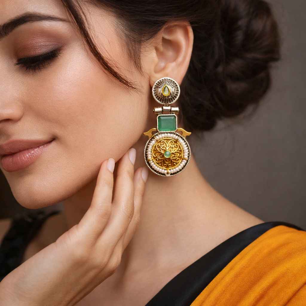 Refreshing sea green tones brighten the dual-tone surface of this earring.