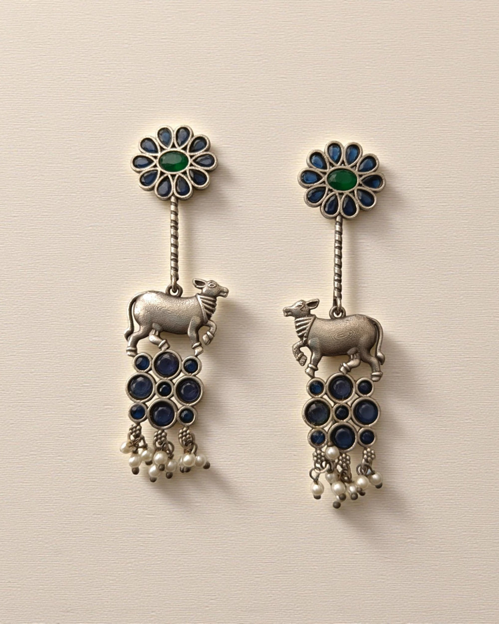 Aashmita Nandi silver oxidised earrings in blue – elegant handcrafted festive jewellery by Tela Naari
