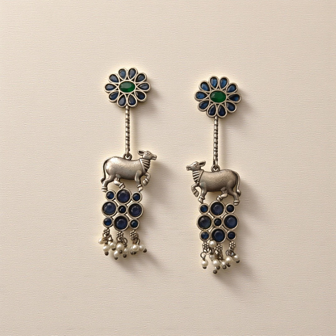 Aashmita Nandi silver oxidised earrings in blue – elegant handcrafted festive jewellery by Tela Naari
