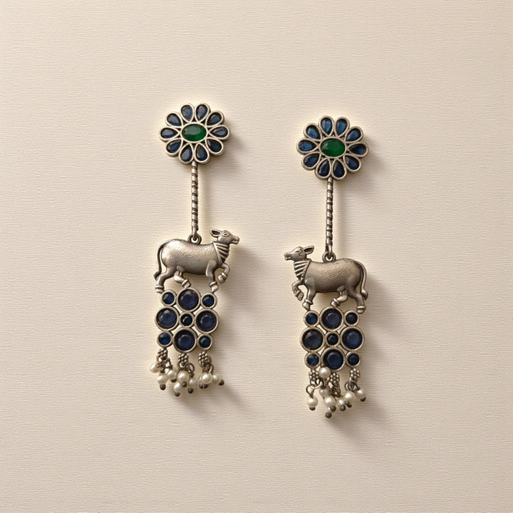 Aashmita Nandi silver oxidised earrings in blue – elegant handcrafted festive jewellery by Tela Naari
