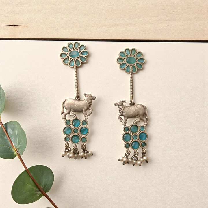 Aashmita Nandi silver oxidised earrings in mint – stylish handcrafted festive jewellery by Tela Naari
