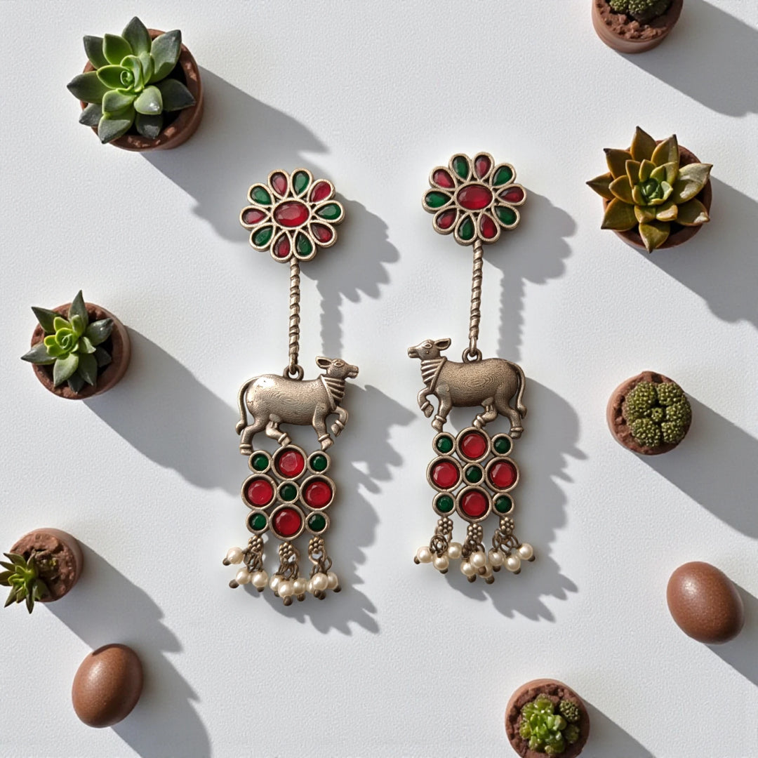 Aashmita Nandi silver oxidised earrings in red and green – vibrant handcrafted ethnic jewellery by Tela Naari
