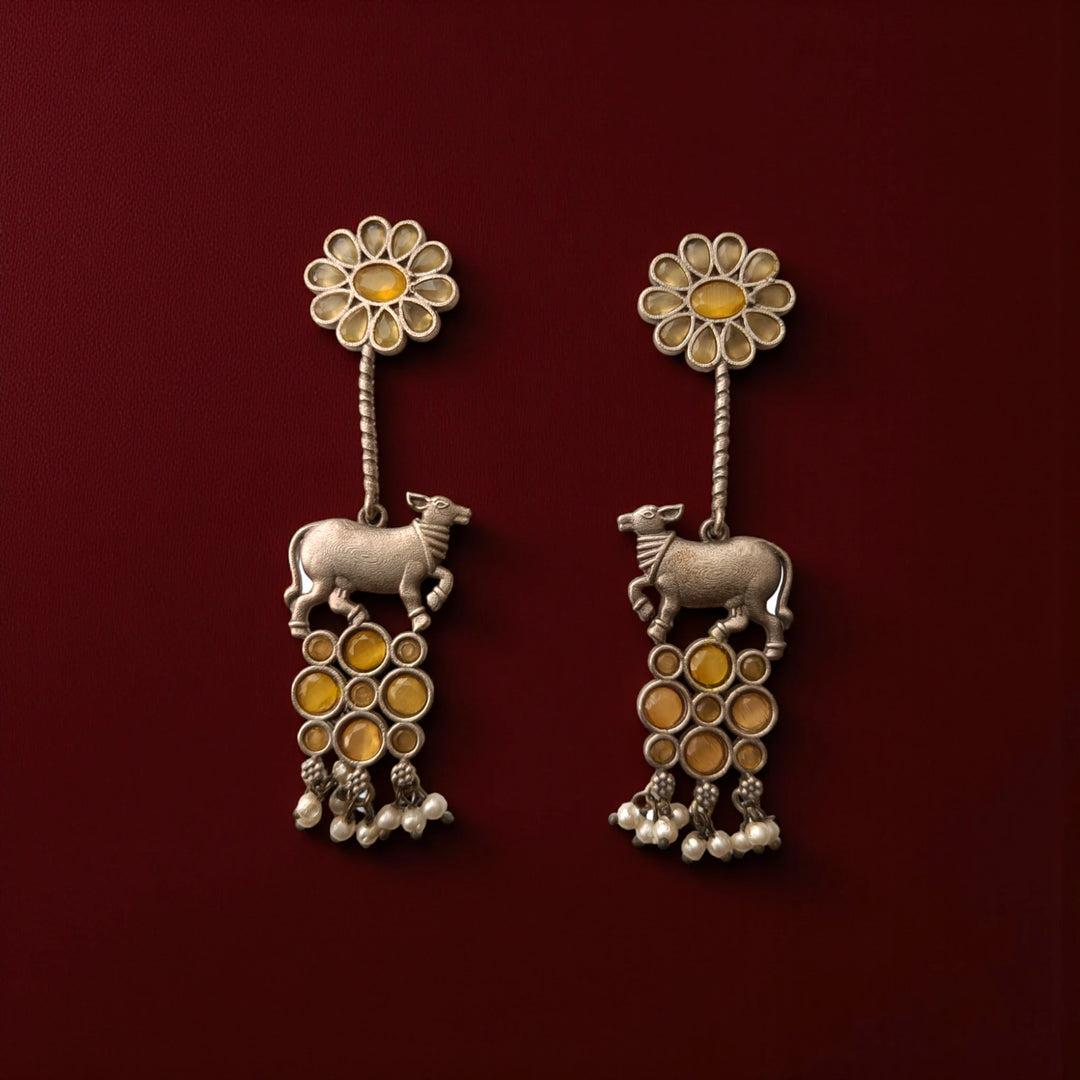 Aashmita Nandi silver oxidised earrings in yellow – bright handcrafted ethnic jewellery by Tela Naari
