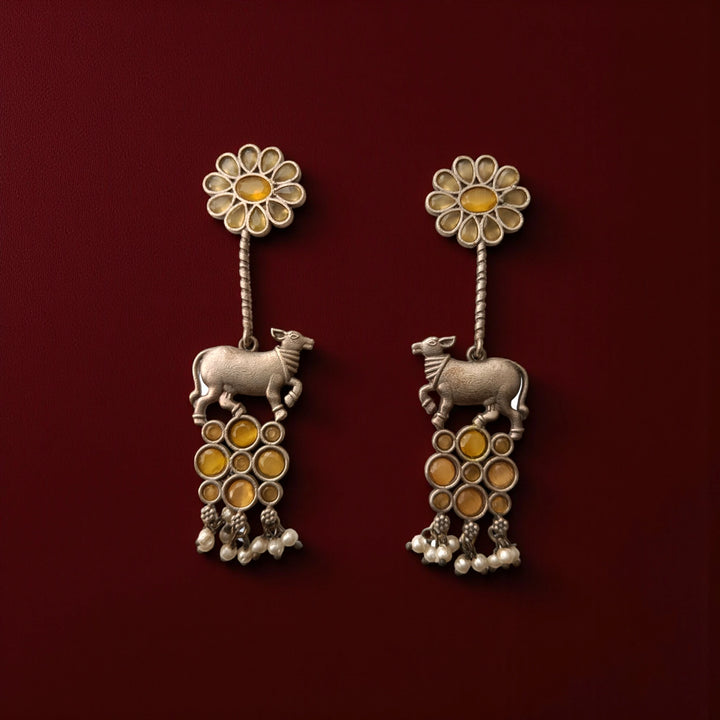 Aashmita Nandi silver oxidised earrings in yellow – bright handcrafted ethnic jewellery by Tela Naari
