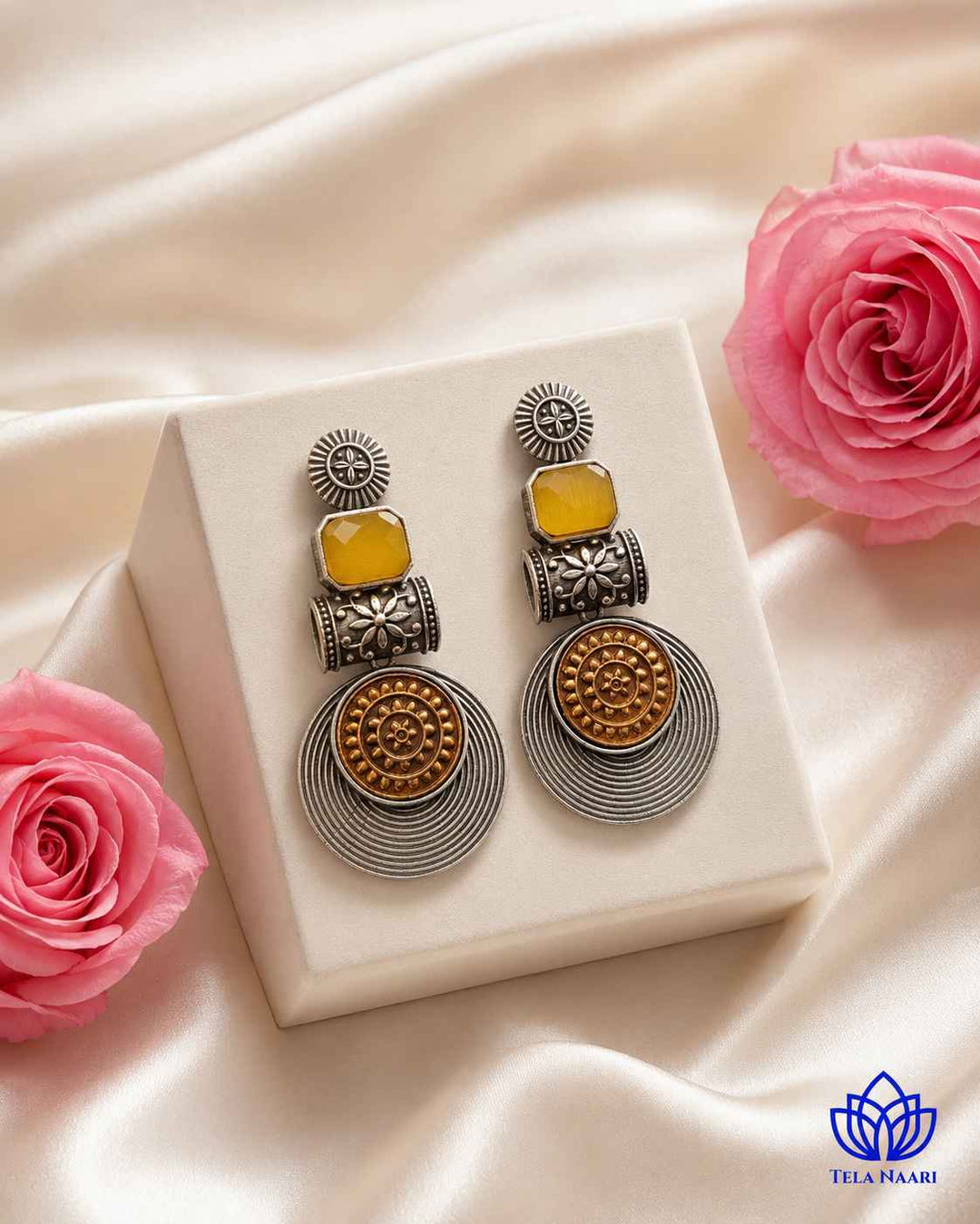 Aashtha yellow dual-tone earrings by Tela Naari – view 1