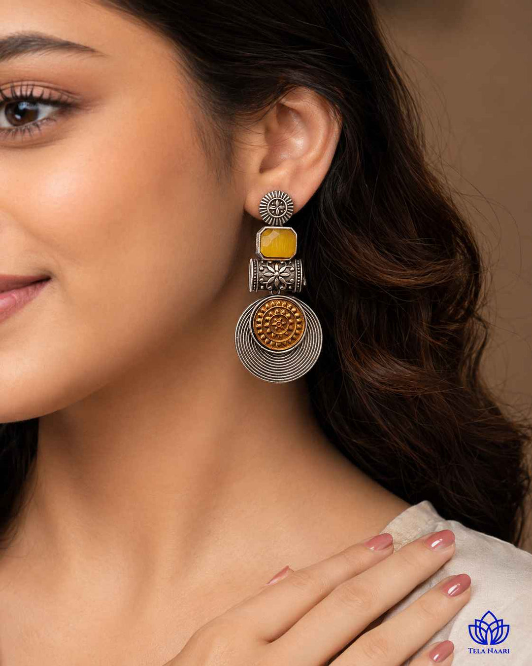 Aashtha yellow dual-tone earrings by Tela Naari – view 10