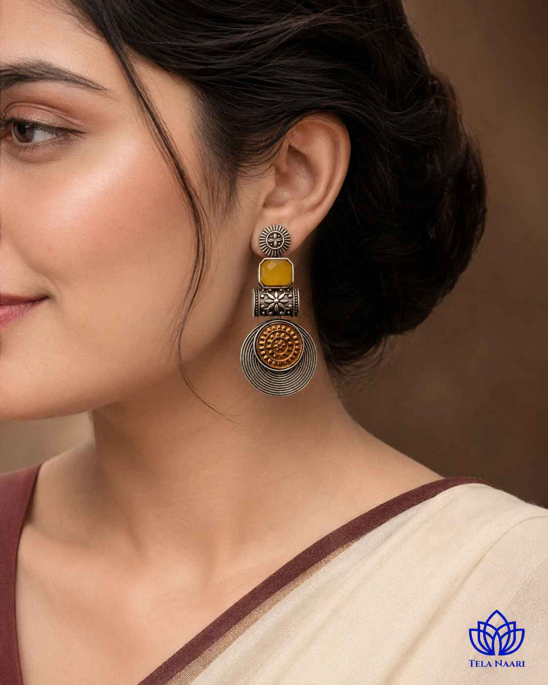 Aashtha yellow dual-tone earrings by Tela Naari – view 2