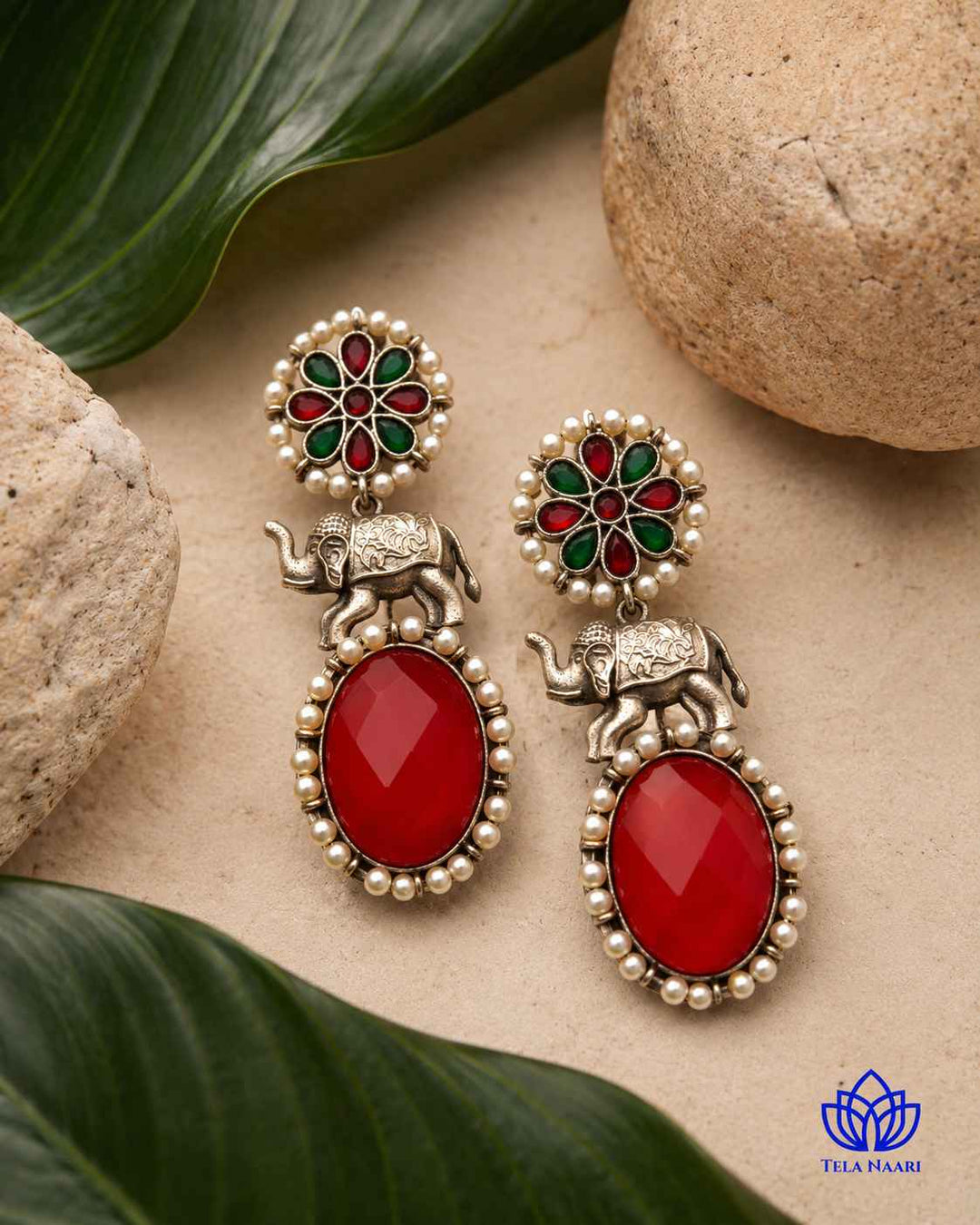 Aasna red elephant silver-plated earrings by Tela Naari – view 1