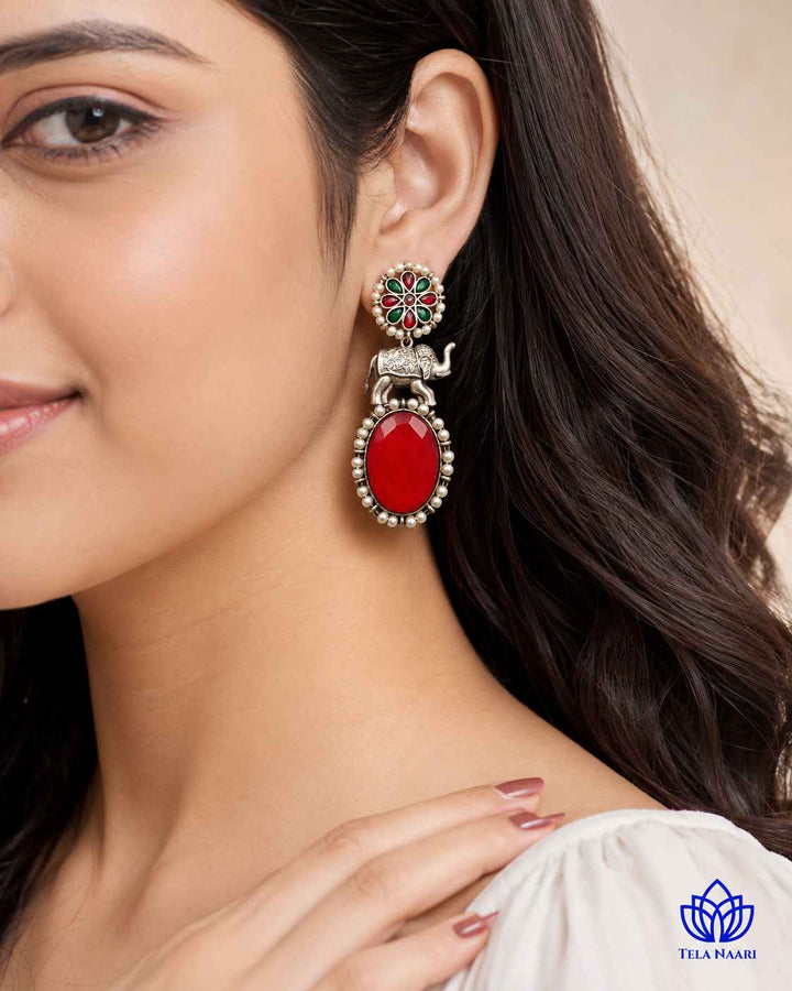 Aasna red elephant silver-plated earrings by Tela Naari – view 10